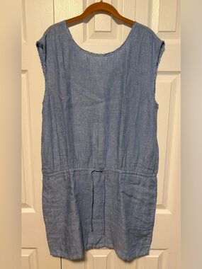 Sleeveless 100% Linen Drawstring Waist Dress - Light Blue